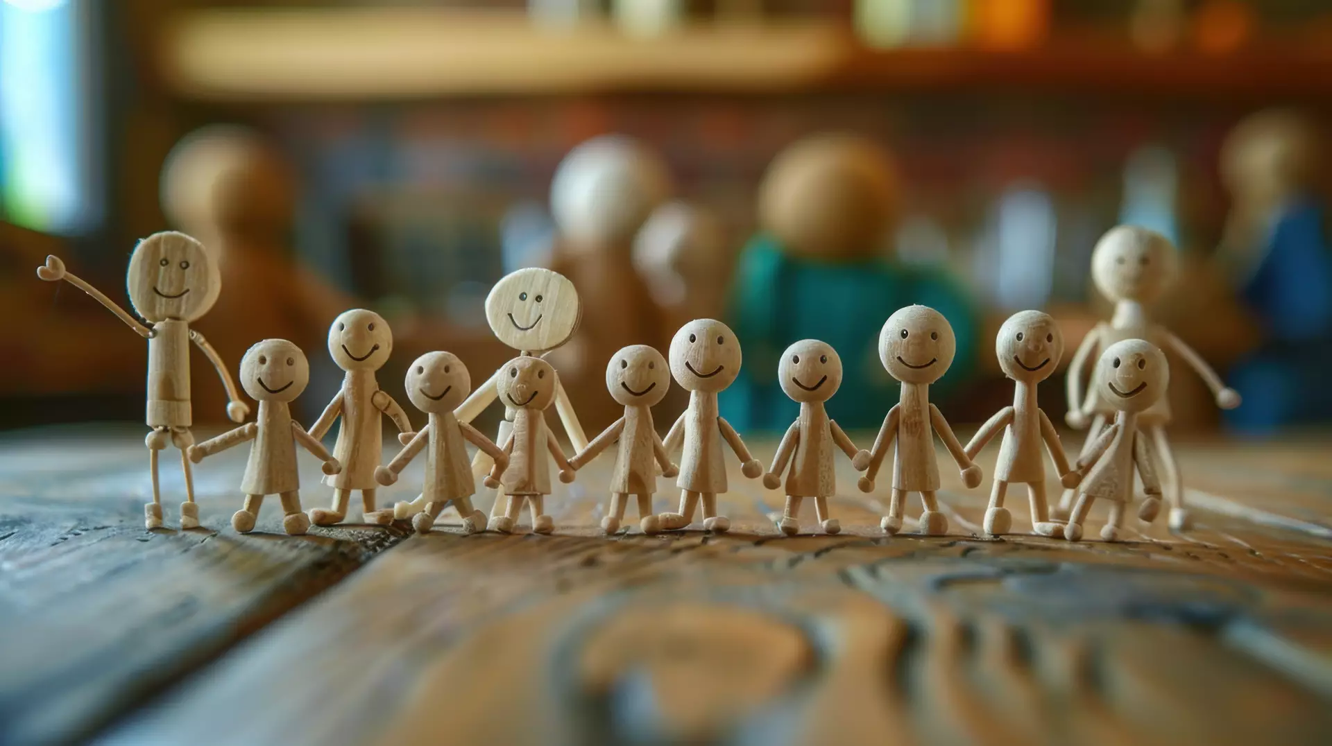 Groupe d'enfants et de parents symbolisé par des bonhommes en bois