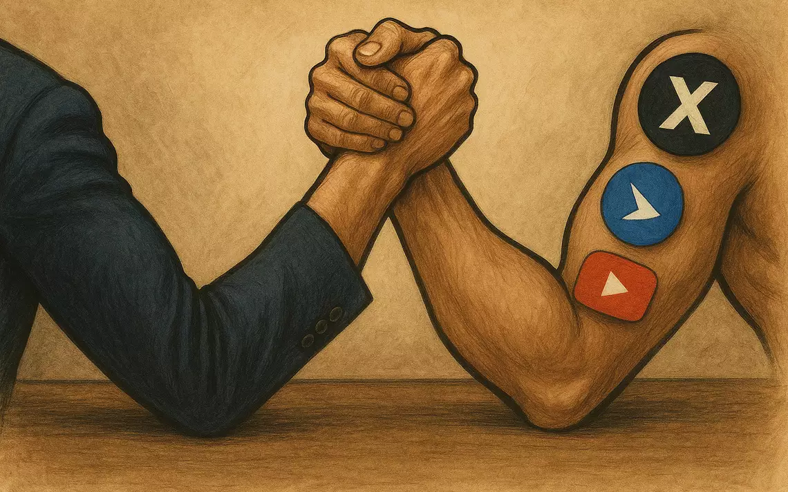 Deux bras en position de bras de fer. L'un avec une manche de costume symbolisant les Etats et l'autre avec des tatouages de logos de réseaux sociaux (youtube, X, messenger)