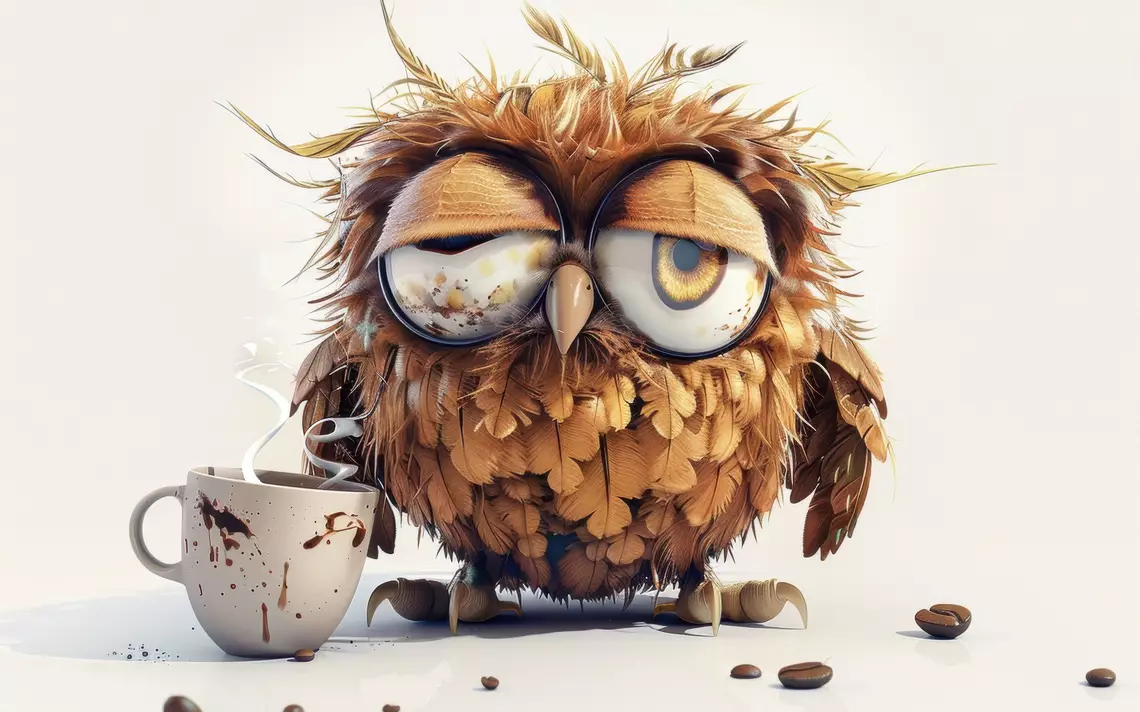 Hibou fatigué avec une tasse de café