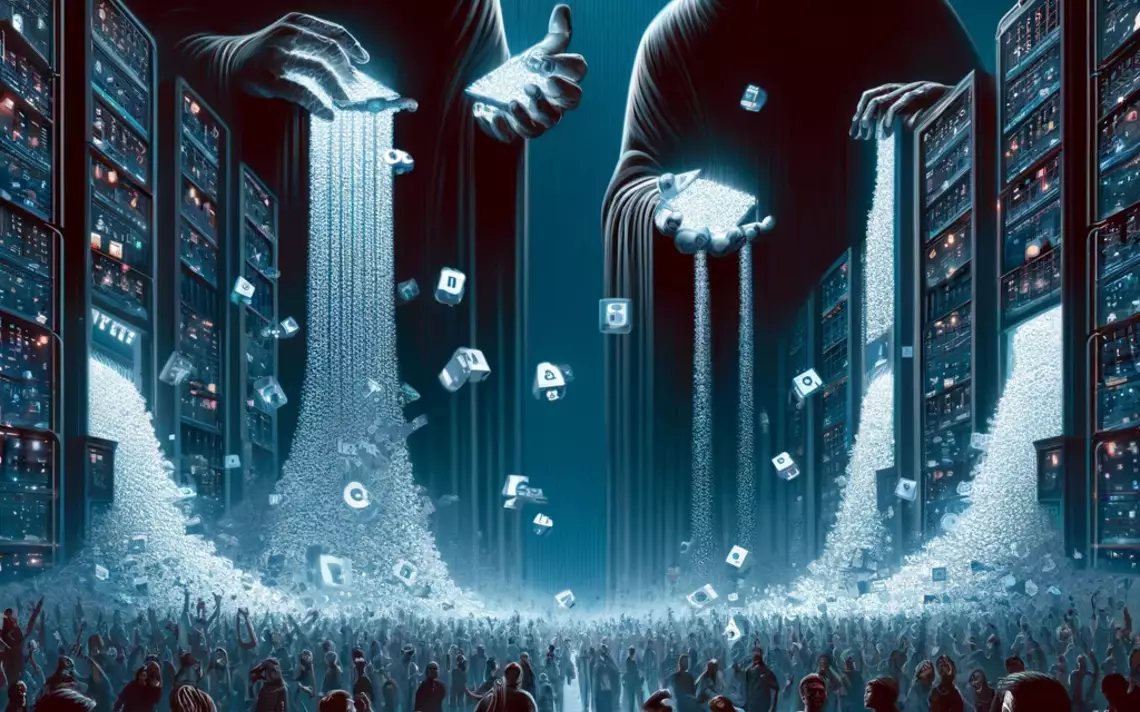 Deux entités géantes qui aspirent dans leurs mains des données d'une masse de gens en contre-bas et qui sont entourés de data centers