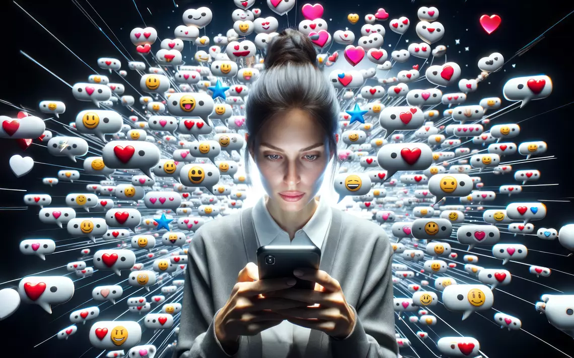 Une ado qui est dans son smartphone et en arrière-fond des nuées de messages avec des emojis