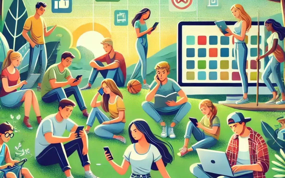 Des jeunes dans un paysage nature en train de faire diverses activités sur des écrans