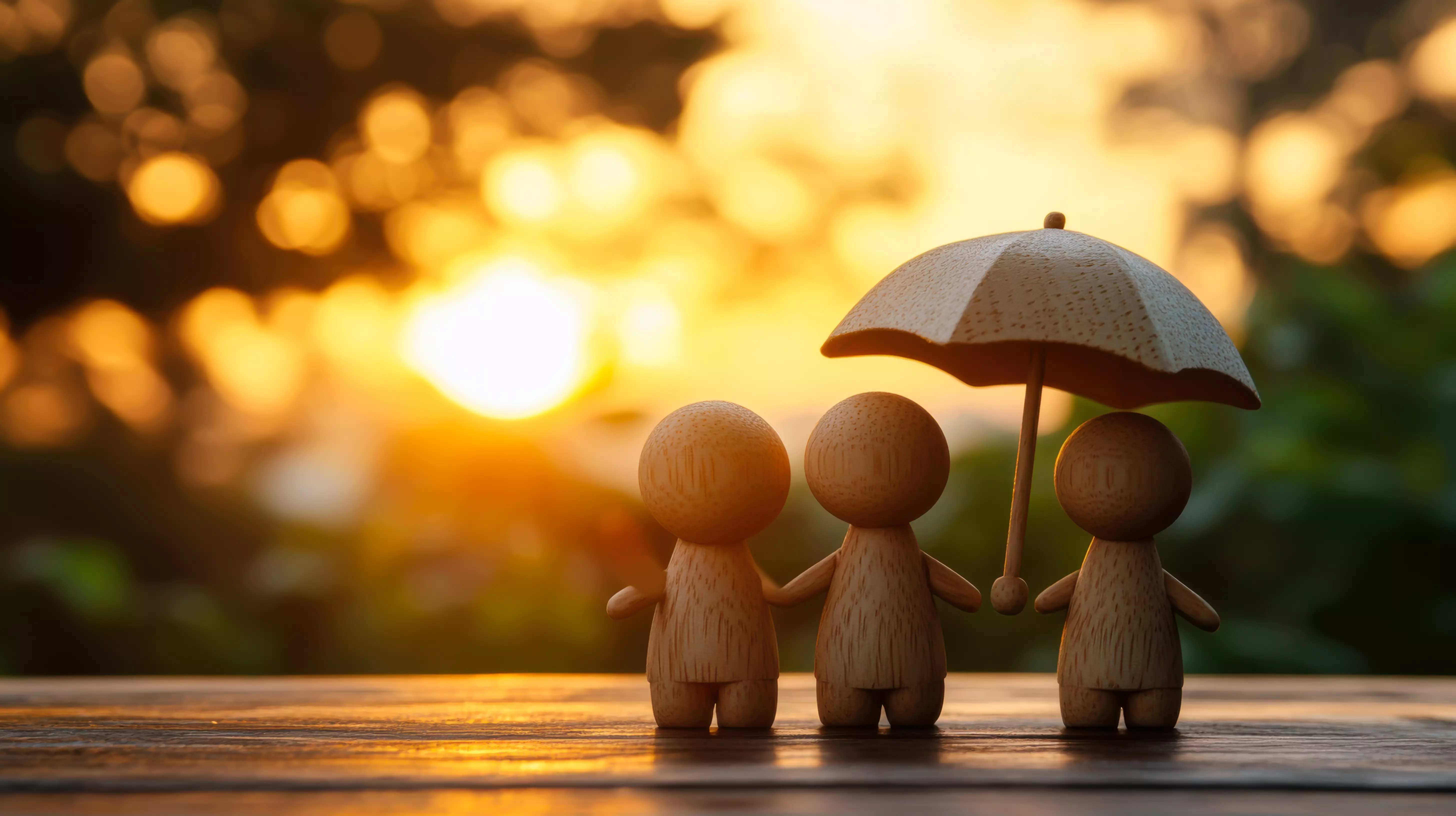 3 bonhommes représentant une famille sous un parapluie