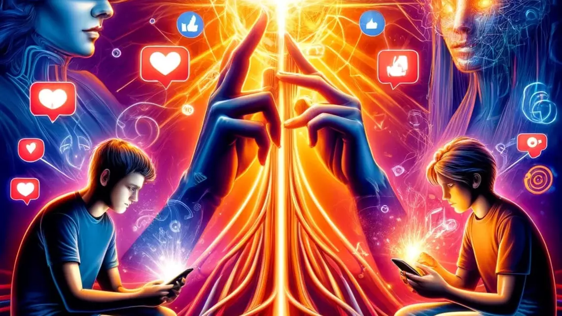 Deux jeunes sur leur smartphone et deux personnes en arrière plan, dont une avec un casque de réalité virtuel, touchant une lumière (divine) avec leur index