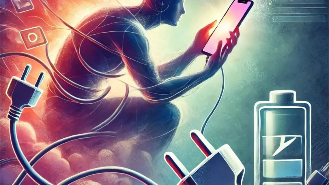 Un humanoïde rivé sur un smartphone avec des prises et une batterie à moitié vide en premier plan