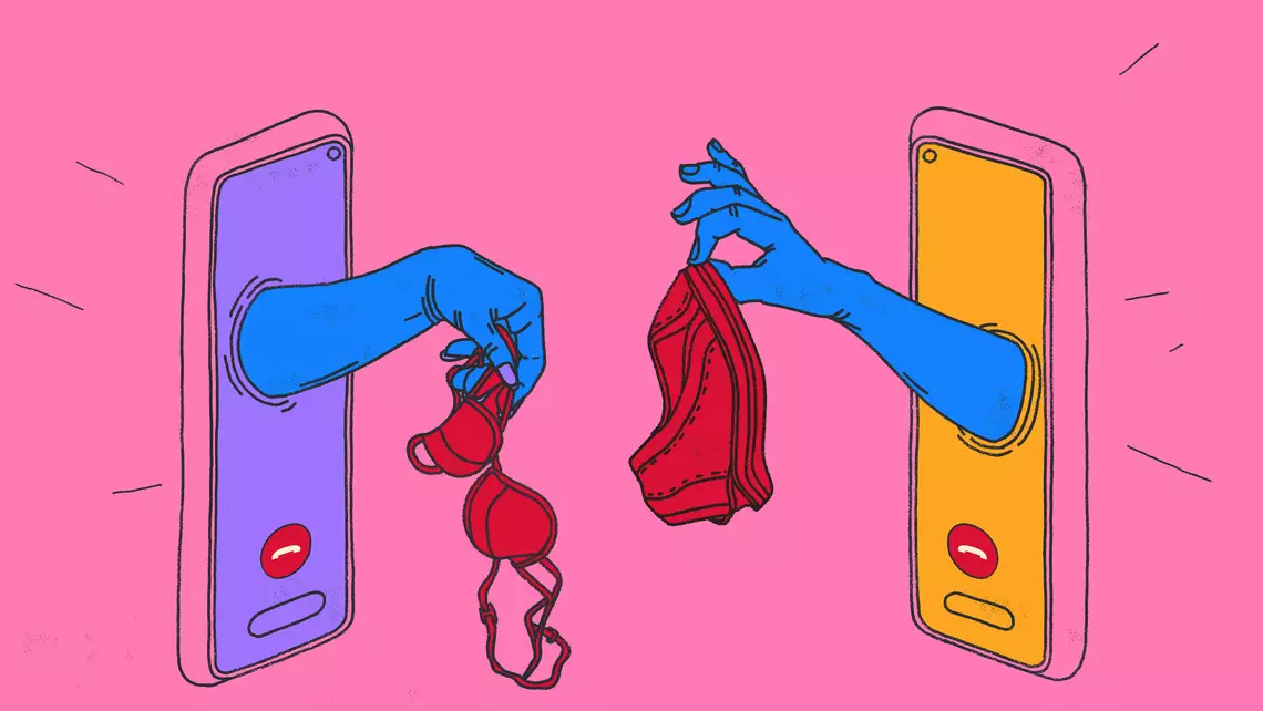 Deux smartphones avec des bras qui sortent de l'écrans pour s'échanger des sous-vêtements