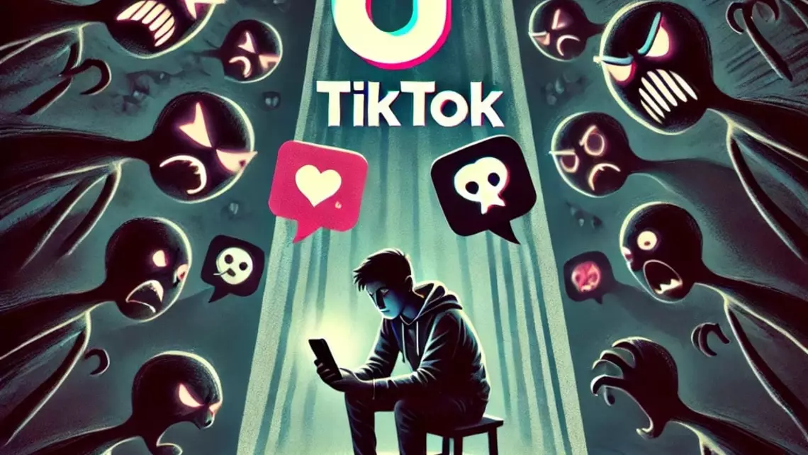 Un jeune sur son smartphone avec le logo de tiktok au dessus delui et tout autour des créatures haineuses et menaçantes