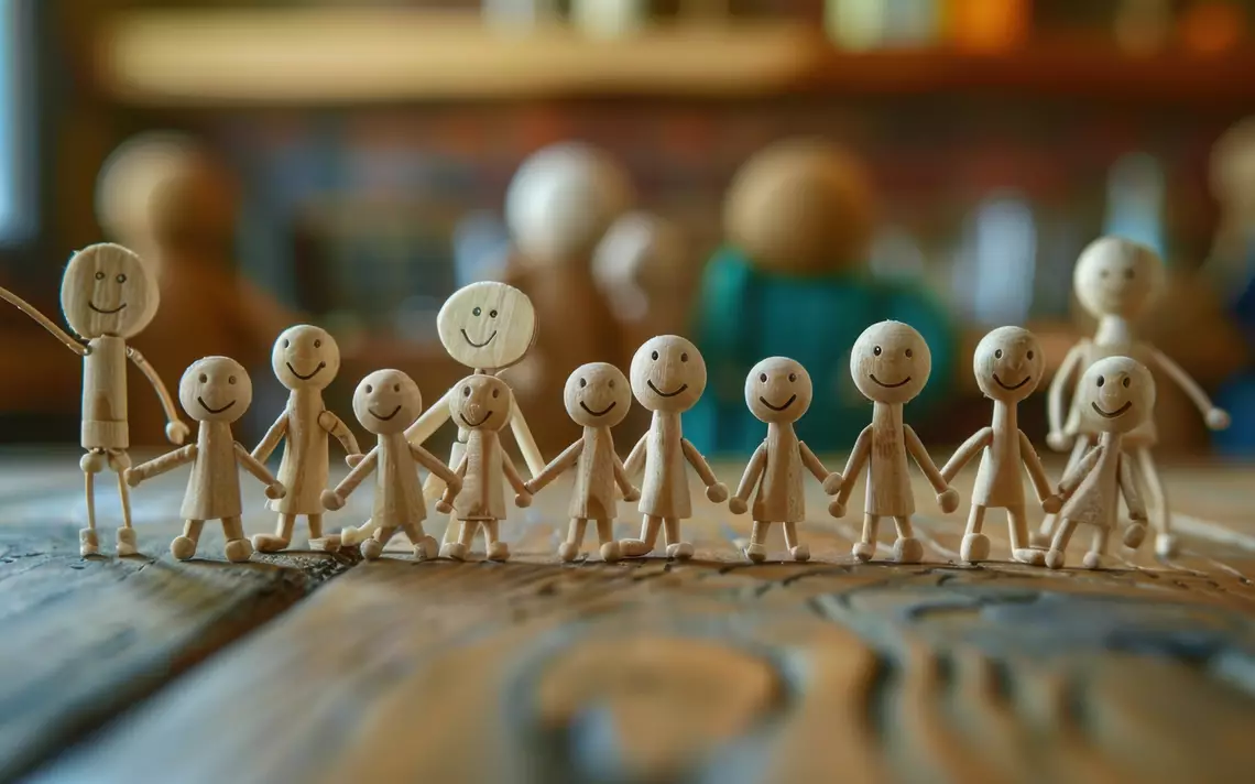 Groupe d'enfants et de parents symbolisé par des bonhommes en bois