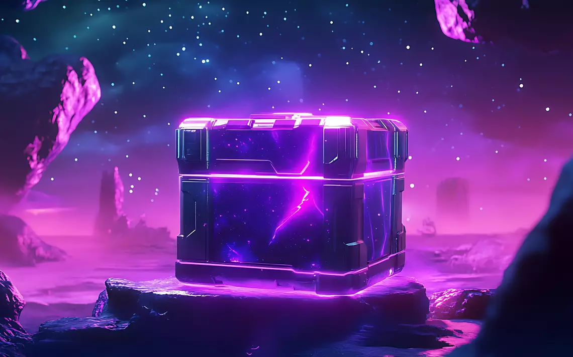 Lootbox de jeux vidéo dans un décor lunaire