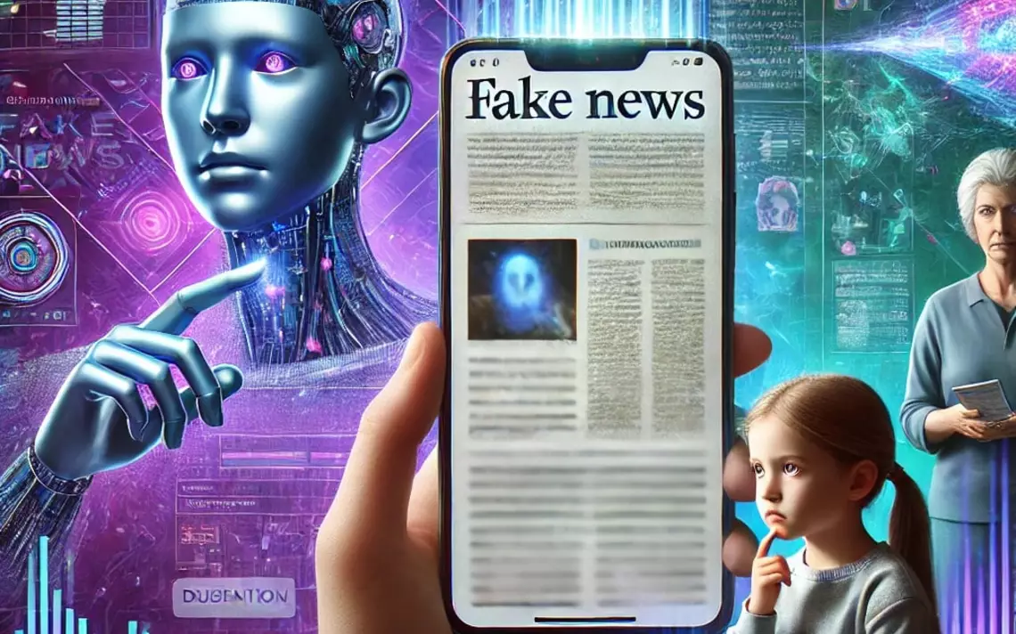 Une main avec un smartphone sur lequel il est écrit fake news. Au second plan, une enfant, une grand-mère et un robot en train de réfléchir