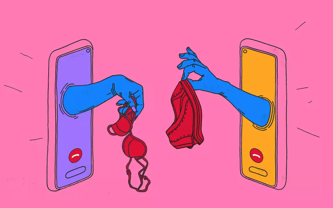 Deux smartphones avec des bras qui sortent de l'écrans pour s'échanger des sous-vêtements